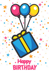 Happy birthday card with colorful balloons and gift