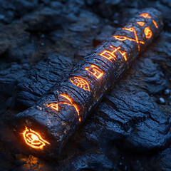 Enigmatic Glowing Artifact with Ancient Symbols on a Dark Rocky Surface, Illuminated by an Internal Light Source in a Mysterious Setting