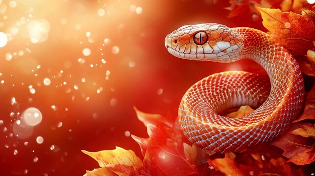 A mesmerizing snake surrounded by autumn leaves and golden light, ideal for designs related to the Year of the Snake, nature themes, or enchanting seasonal events.