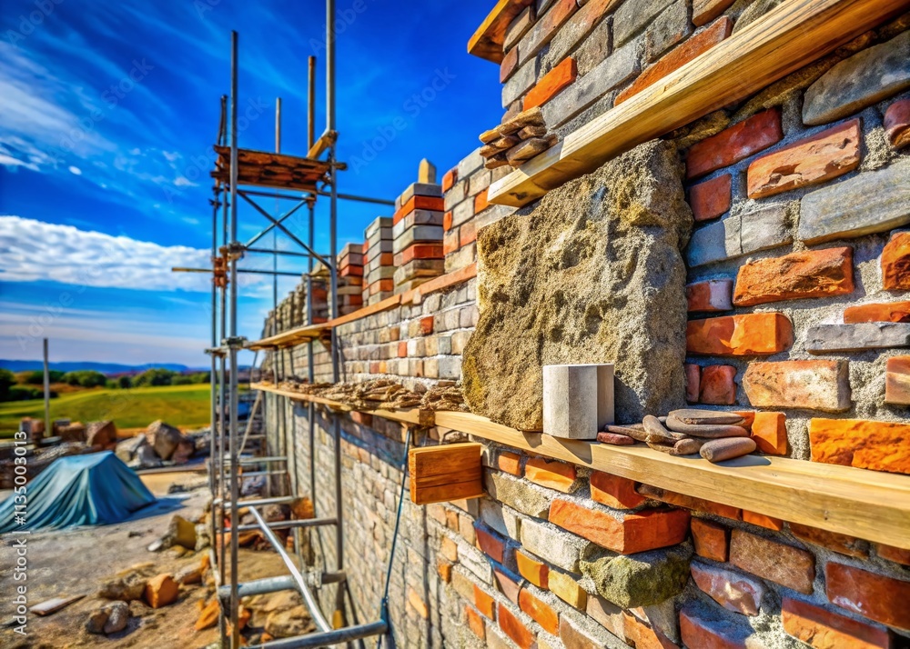 Poster high depth of field photo of a wall under construction using stones and bricks, capturing the intric