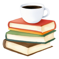 Naklejka premium Cozy stack of colorful books with steaming cup of coffee on top, perfect for relaxing reading session