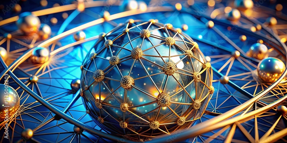 Poster high-end technology graphic featuring elegant soft blue wireframe intertwined with luxurious gold pl