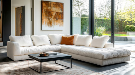 Obraz premium Soft white boucle sectional sofa with decorative pillows, painting on white wall on a large glass windows with lush green garden background. Concept of contemporary interior design