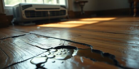 Water Damage on Wooden Floor A Close-Up View of Swollen and Cracked Wood Grain, Showing the Impact of Leaking Water
