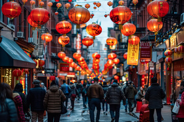 Busy city street with many people and red lanterns hanging overhead.