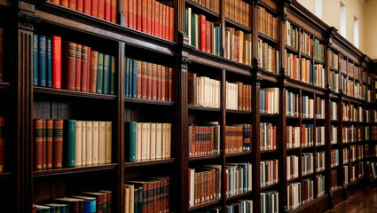 Old books resting on wooden bookshelves in library interior