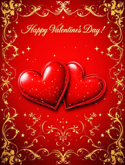 Festive Valentine's Day Design with Glossy Hearts and Golden Swirls
