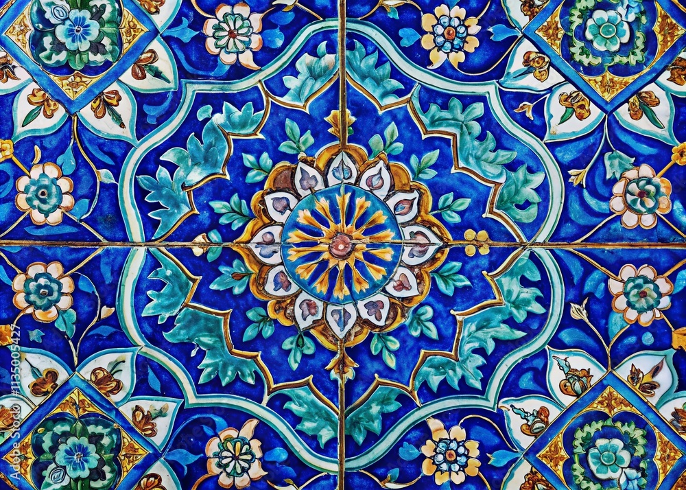 Poster high-resolution portrait of intricate blue ancient tile texture capturing detailed patterns and rich