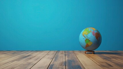 Realistic Globe on Wooden Surface with Blue Background