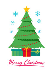 Simple and festive illustration, featuring christmas tree, gift box, snow flakes, and 'merry christmas' text, ideal for, christmas card, festive poster, and any christmas design project
