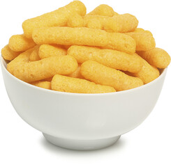 cheese  puffs in white bowl isolated