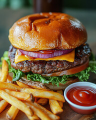 Juicy hamburger with fresh toppings and crispy fries served on a wooden table. Generative AI