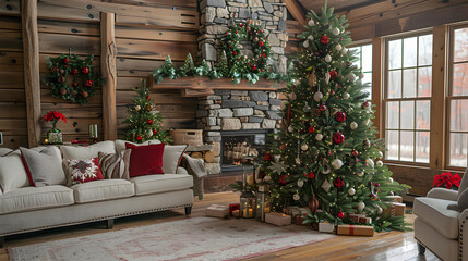 A Christmas tree adorned with natural pinecones, berries, and rustic garlands, in a Scandinavian-style home