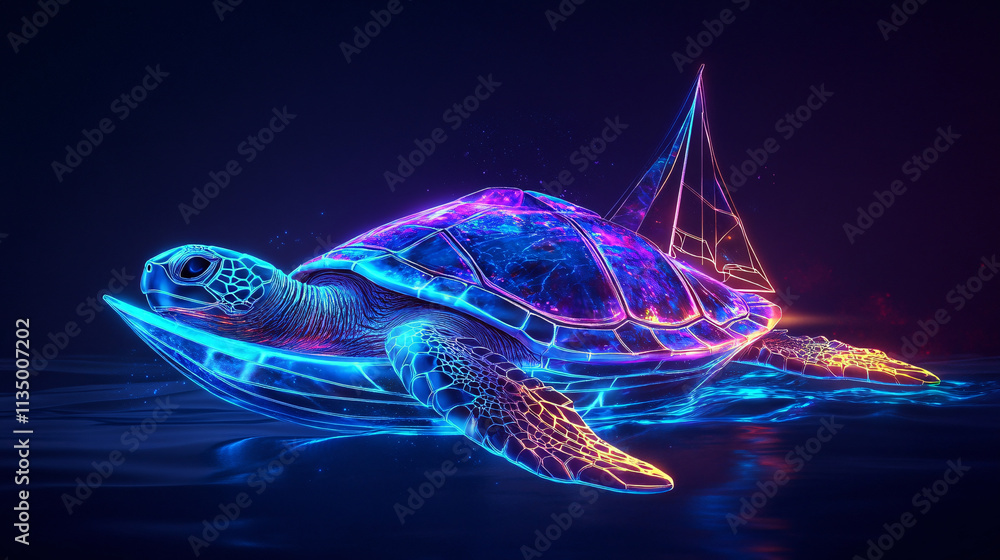 Poster a futuristic sailing adventure icon linked to a glowing sea turtle, symbolizing online platforms exp