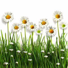 Daisies and Green Grass: A cluster of delicate white daisies with yellow centers bloom gracefully against a backdrop of vibrant green grass, symbolizing fresh beginnings, innocence.