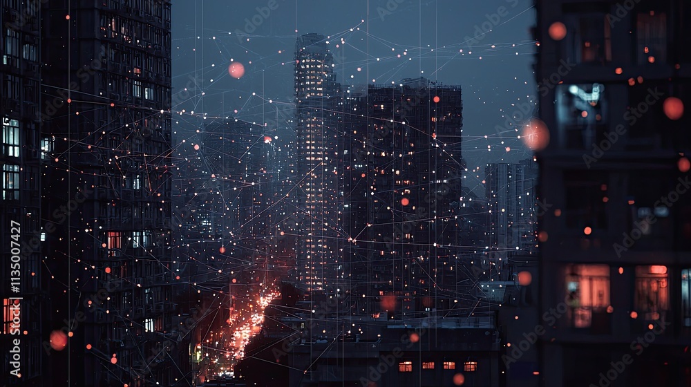 Poster The image features interconnected lines overlaying a nighttime cityscape, symbolizing the connectivity and complexity of urban life.