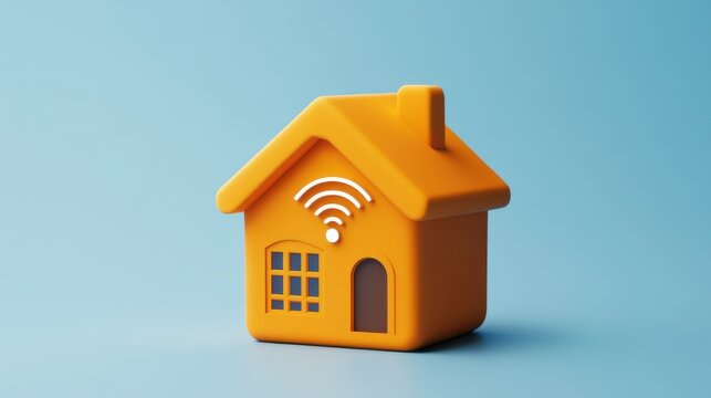 Orange house model with a wireless symbol on blue background, representing smart home technology and internet connectivity.