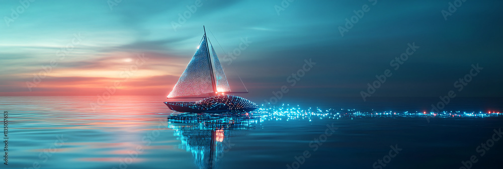 Aufkleber a futuristic sailing icon linked to a glowing turtle, symbolizing online platforms analyzing navigat