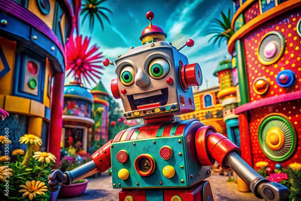 Poster humorous robot cartoon engaging in a fun discussion in a colorful setting with lively expressions an