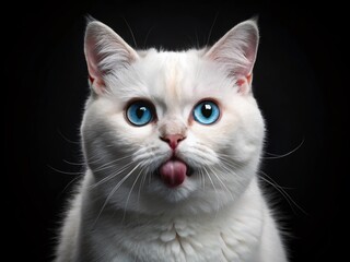 Humorous Portrait of a White British Shorthair Cat with Striking Blue Eyes, Playfully Licking Its Lips Against a Solid Black Background, Perfect for Animal Lovers and Cat Enthusiasts