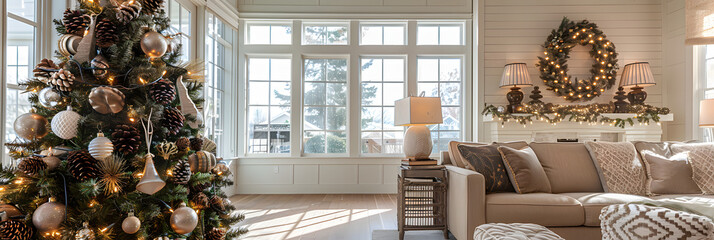 A Christmas tree adorned with natural pinecones, berries, and rustic garlands, in a Scandinavian-style home