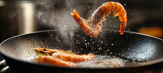 A few shrimp jumping out of the oil pan, mid-air shot, made by AI