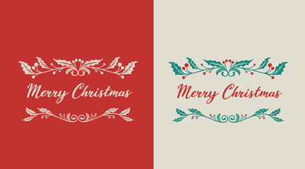 Elegant Merry Christmas design featuring decorative holly and berry ornaments. Perfect for holiday cards, invitations, or festive-themed projects