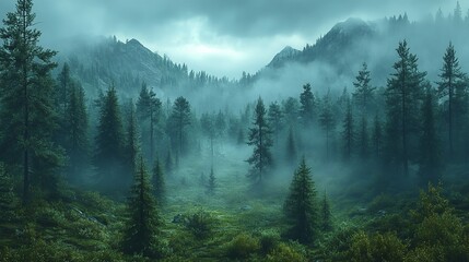 A misty green forest in the early morning, quiet and peaceful