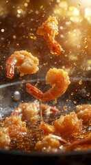 Fried shrimp flying through the air, commercial-style photography,  made by AI