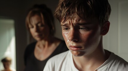 Obraz premium A compassionate mother consoles a distressed teenage boy in a dimly lit room, symbolizing care, support, and understanding.