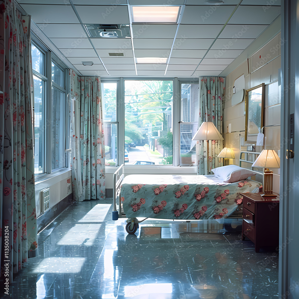 Wall mural Hospital Room with Natural Light: A serene hospital room bathed in soft, natural light, featuring a bed with floral bedding, bedside tables with lamps, and curtains with a delicate floral pattern.