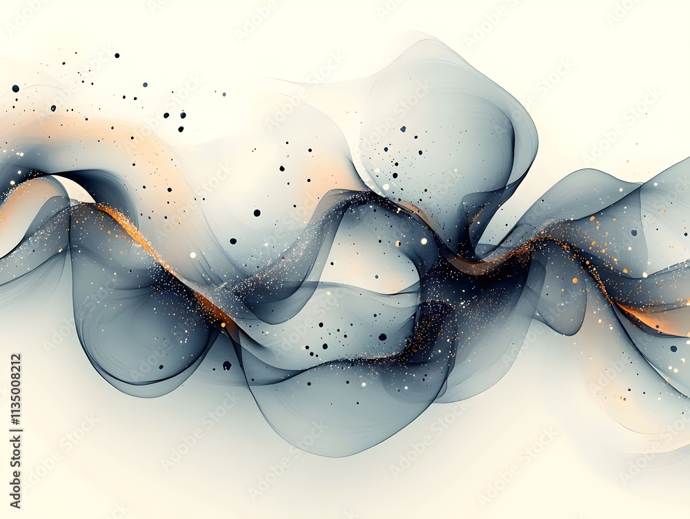 Poster an abstract digital composition featuring flowing waves of translucent gray and gold hues, creating 