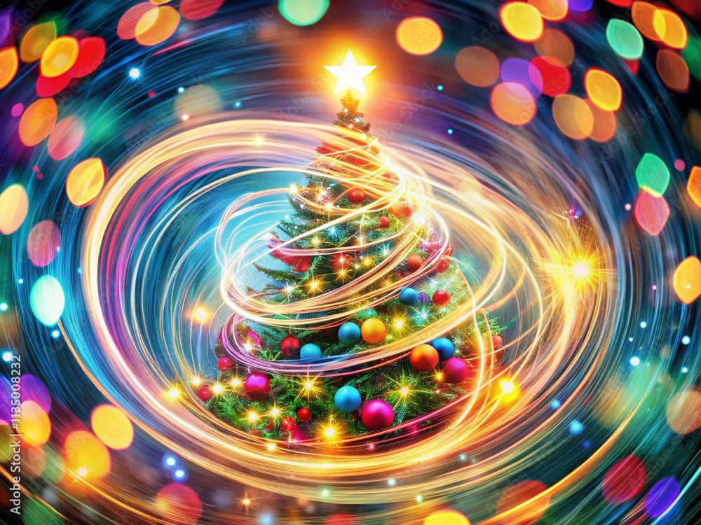 Poster illuminated colorful swirl garland forming a rotating christmas tree with a double exposure effect f