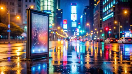 Obraz premium Illuminated Empty Billboard on a Rainy City Street at Night with Bokeh Lights Creating a Dreamy Atmosphere in Urban Setting