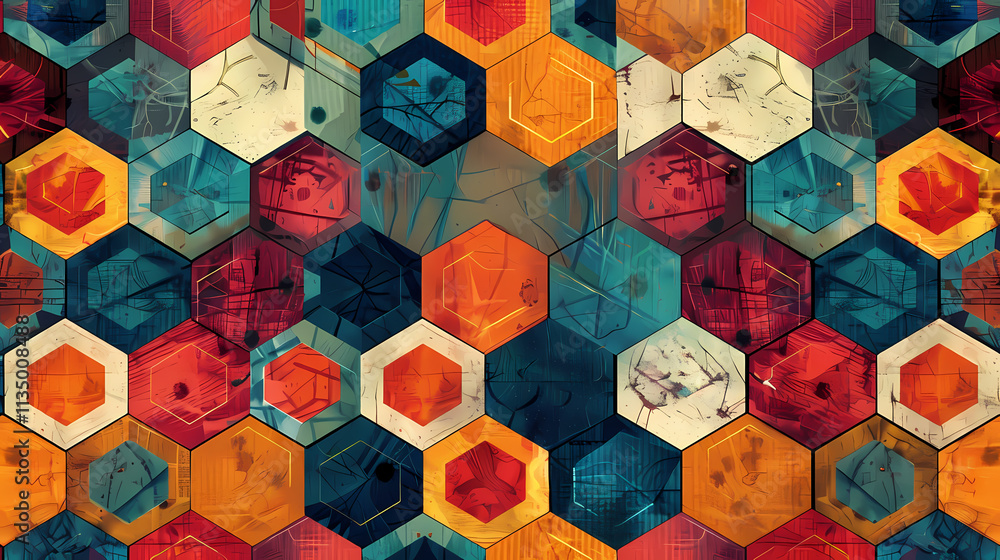 Poster geometric hexagon mosaic: a mesmerizing pattern of vibrant, multi-colored hexagons creates a captiva