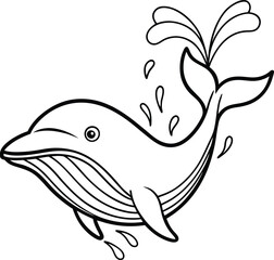 Cartoon Humpback Whale, Ocean Mammal, Line Art, Black and White, Drawing, Aquatic Life, Marine Anima
