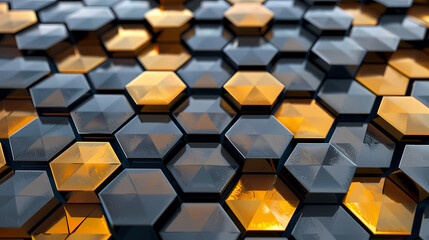 Hexagon Abstract Pattern: A mesmerizing geometric design of interlocking hexagons in a deep, rich blue and luminous golden hues.  The interplay of light and shadow creates a stunning abstract pattern.