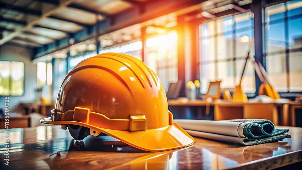 Poster indoor safety helmet for engineering projects on table surrounded by tools and blueprints in a brigh