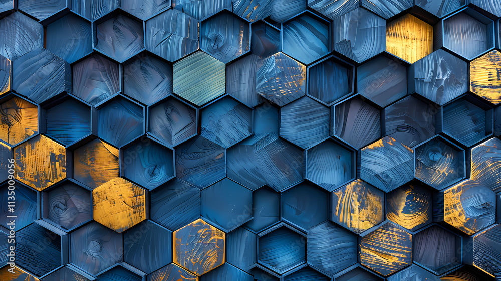 Poster hexagonal abstract: a mesmerizing pattern of deep blue and gold hexagons creates a luxurious and mod