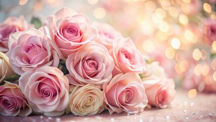 Obraz premium A Delicate Arrangement of Pastel Pink Roses with a Softly Blurred Background of Golden Bokeh Lights