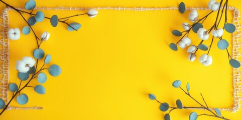 Fototapeta premium A Simple Yet Elegant Arrangement of Cotton and Eucalyptus Branches on a Vibrant Yellow Background