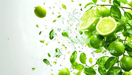 Limes flying on a white background, Lime Juice drops everywhere. 