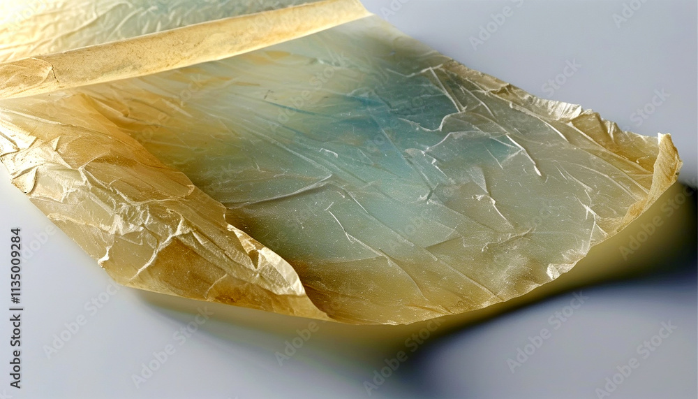 Poster a shimmering golden sheet rests on a soft surface, capturing light and shadows