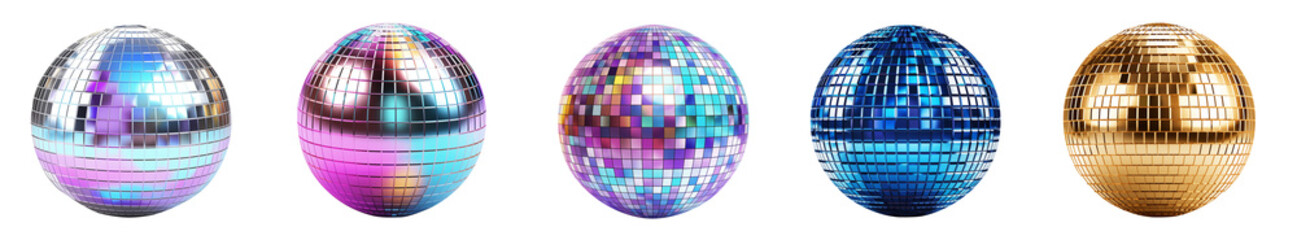 Set of Disco Balls. Reflect mirror rainbow colors. 3d render. Holographic gold blue colors. on transparent white background, 