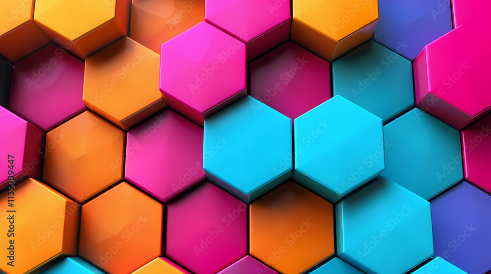 Poster vibrant hexagon mosaic: a captivating close-up of a colorful mosaic composed of hexagons in various 