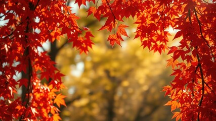 A vibrant display of crimson maple leaves against a soft, golden backdrop, showcasing the beauty of autumn's transition