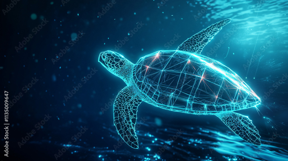 Poster a futuristic sailing icon linked to a glowing turtle, symbolizing online platforms analyzing navigat
