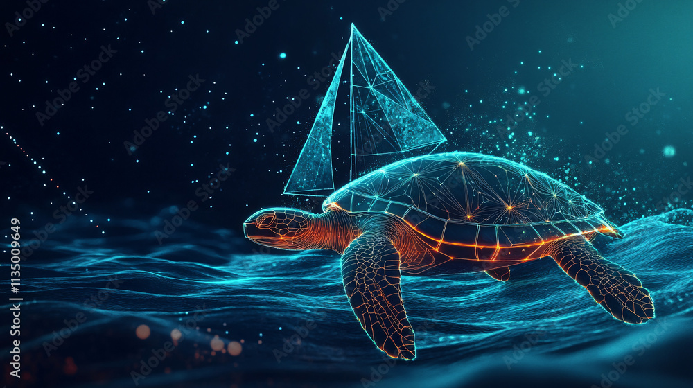 Poster a futuristic sailing icon linked to a glowing turtle, symbolizing online platforms analyzing navigat