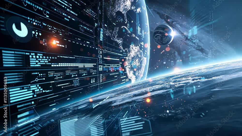 Poster a display screen lights up with realtime data and images sent through 6g technology from satellites 