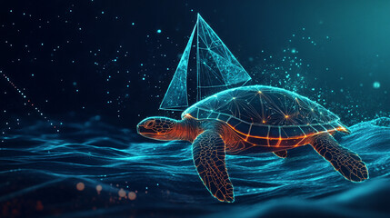 A futuristic sailing icon linked to a glowing turtle, symbolizing online platforms analyzing navigation and endurance in ocean sports. 